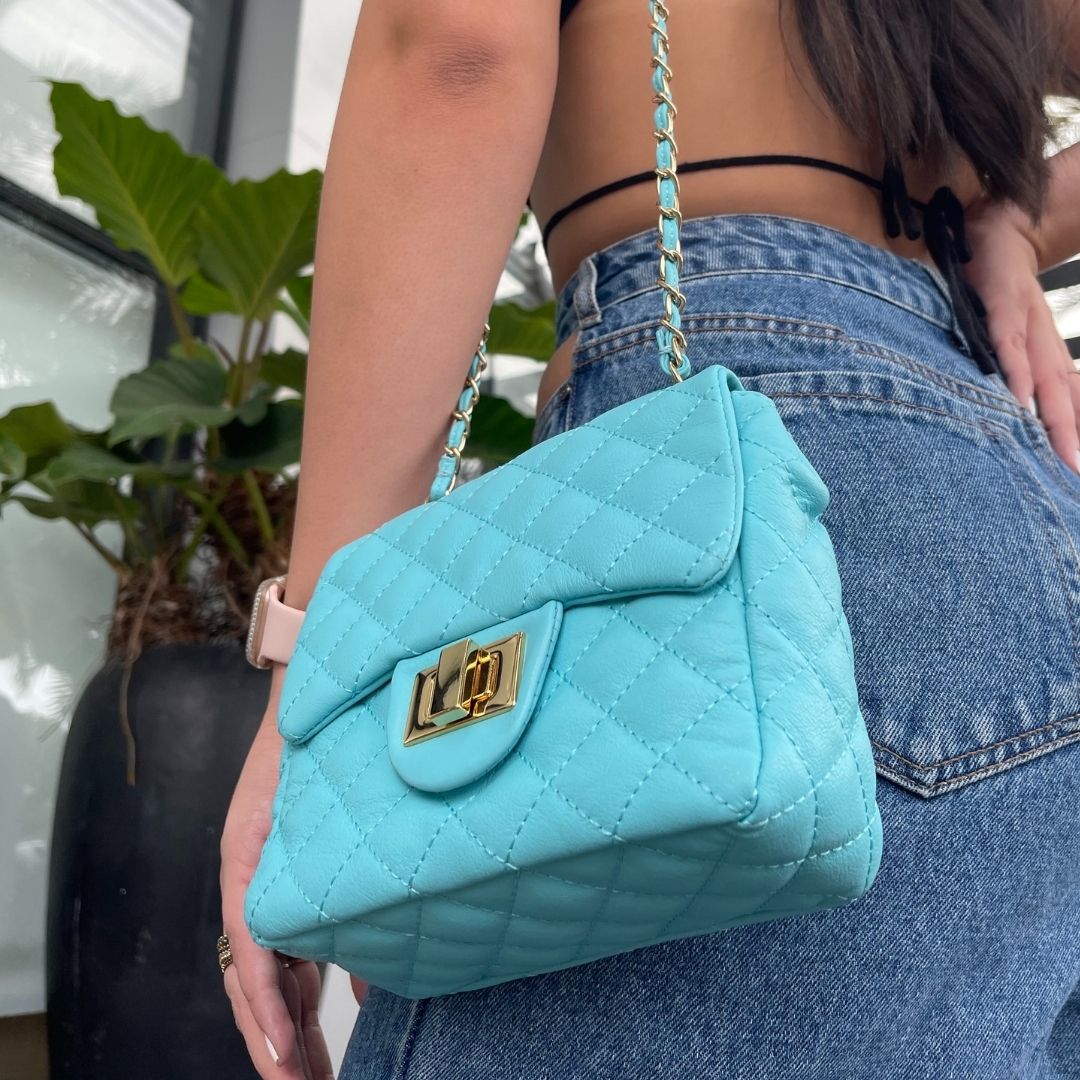 BOLSA KYM DE COURO AZUL TAMANHO P