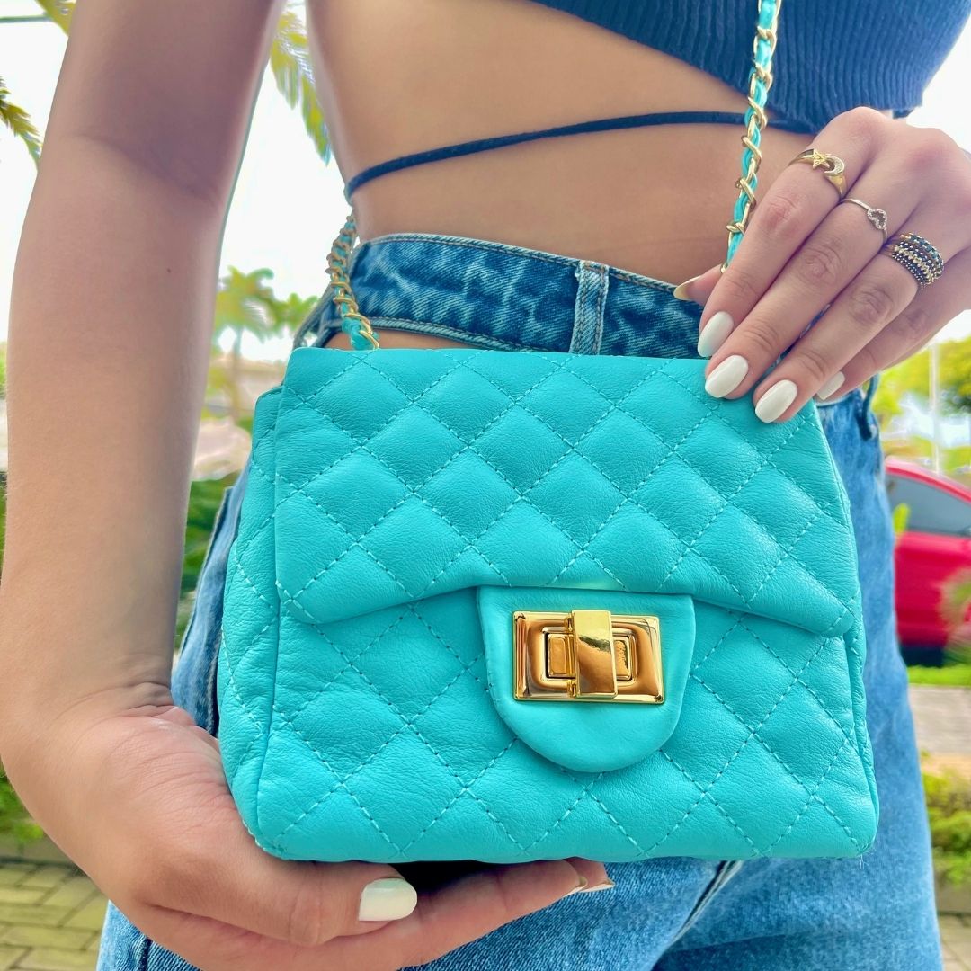 BOLSA KYM DE COURO AZUL TAMANHO P