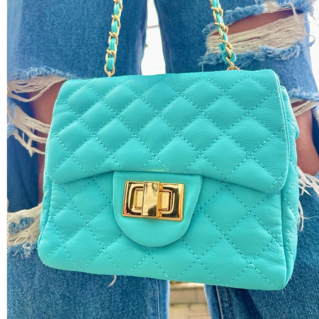 BOLSA KYM DE COURO AZUL TAMANHO P
